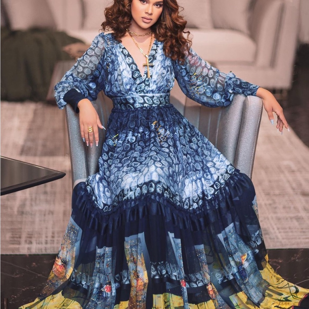 Blue Ethiopian Traditional Dress with Gold Chiffon - Embroidery
